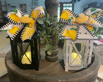 Mini Lantern decorated with Lemons with or without an authentic  looking led tea light that flickers.  Lemon Decor, Tiered Tray Decor,