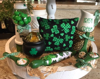 St. Patrick&#39;s Day Decor, St Patrick&#39;s Day, Tiered Tray Decor, Farmhouse Decor, St. Patties, St Patrick’s spoons, St Patricks rolling pin,