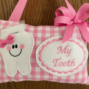 Personalized Tooth Fairy Pillow, Children&#39;s Keepsake, Custom Tooth Holder, Kids Gift, Tooth Fairy Gift, Pink Gingham Pillow