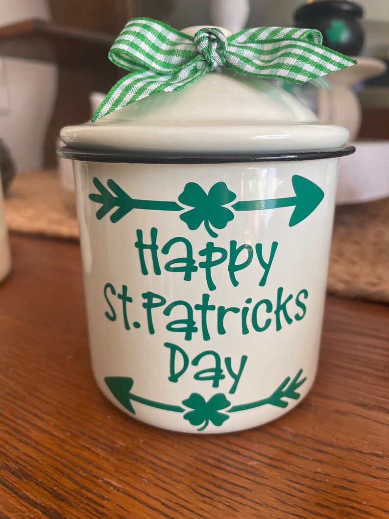 St. Patricks decor, St. Patricks tiered tray decor, Irish Decor, St, Patricks canister, Pot of Gold, mini canister image 2