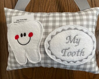 Personalized Tooth Fairy Pillow, Children's Keepsake, Custom Tooth Holder, Kids Gift, Tooth Fairy Gift, Gray gingham pillow