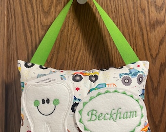 Personalized Tooth Fairy Pillow, Children's Keepsake, Custom Tooth Holder, Kids Gift, Tooth Fairy Gift, Monster trucks