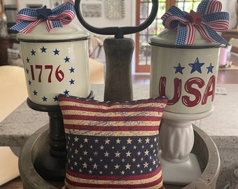 Patriotic decor, Canisters, patriotic canisters, Fourth of July, Independence Day, memorial day, tiered tray display, decorative shelf
