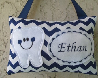 Personalized Tooth Fairy Pillow, Children's Keepsake, Custom Tooth Holder, Kids Gift, Tooth Fairy Gift, Navy Chevron Pillow