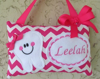 Personalized Tooth Fairy Pillow, Children&#39;s Keepsake, Custom Tooth Holder, Kids Gift, Tooth Fairy Gift, Shocking Pink Chevron Pillow