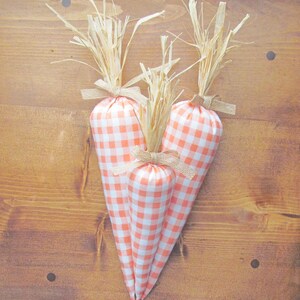 Puede incluir: Tres zanahorias de tela con un patr&oacute;n de cuadros vichy en tonos naranja y blanco. Las zanahorias est&aacute;n atadas con una cinta marr&oacute;n y tienen puntas de paja.