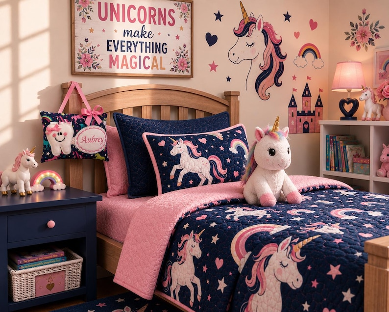 K&ouml;nnte beinhalten: Ein marineblaues Steppdecken-Set mit wei&szlig;en Einh&ouml;rnern, rosa Herzen und Regenb&ouml;gen. Das Set enth&auml;lt ein rechteckiges Kissen mit Einhorn-Motiv, eine passende Tagesdecke und ein dekoratives H&auml;ngekissen mit dem aufgedruckten Namen Aubrey.