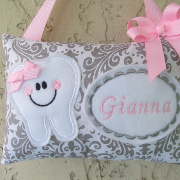 Tooth Fairy Pillow Gray damask with Pink Personalized
