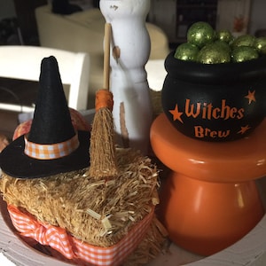 Halloween tiered tray decor, tiered tray decor, Halloween, decorative shelf, Halloween decor, Mini cauldron, witch’s broom, Witches hat