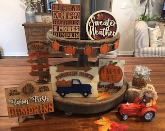 Fall Tiered Tray Set, Autumn Decor, Fall Decor, Tiered Tray Decor , Fall Tiered Tray Decor, Blue truck decor
