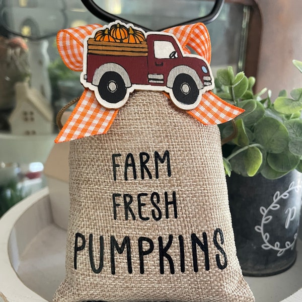 Pumpkins, pumpkin collector, mini burlap bag, tiered tray, decorative shelf, kitchen decor