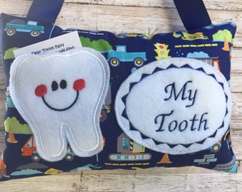 Personalized Tooth Fairy Pillow, Children's Keepsake, Custom Tooth Holder, Kids Gift, Tooth Fairy Gift, Construction Pillow