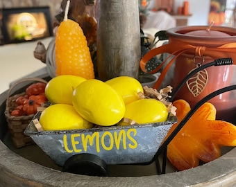 Mini lemon wheelbarrow, Tiered Tray Decor, lemon decor,mini wheelbarrow, decorative shelves