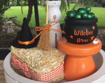 Halloween decor, Halloween tiered tray decor , Halloween , witch’s brew , witch broom, witch cauldron, Halloween decorations, Halloween