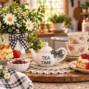 May include: A white ceramic teapot with the text TEA TIME printed in black, accented with a black and white gingham bow. The teapot sits on a round lace doily alongside floral teacups, saucers, scones with jam, and a vase of daisies.