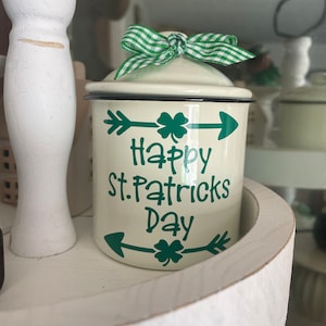 St. Patricks decor, St. Patricks tiered tray decor, Irish Decor, St, Patricks canister, Pot of Gold, mini canister image 1