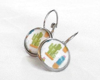 Mini cactus, 12 mm cabochon earrings, made in Quebec, floral pattern, desert, stainless steel, Foliage Green, summer