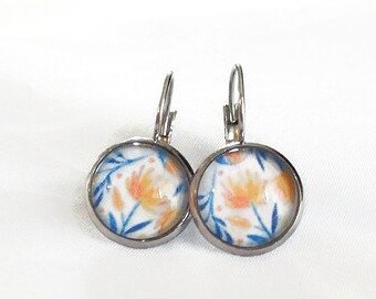 Orange flowers, earrings cabochon 12 mm, rug, floral, spring, stainless steel, blue, foliage