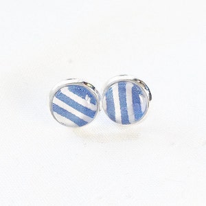 Stainless steel, blue and white lines mini earrings cabochon 8 mm stem, small studs, made in Quebec, delicate and feminine