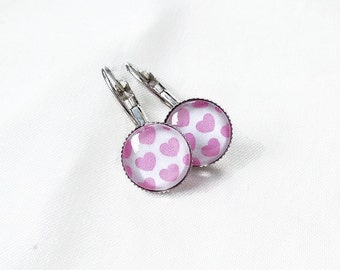 Stainless steel small hearts, pink cabochon earrings 12 mm, made in Quebec, delicate and feminine, gift for her, love, Red