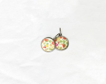 Fruit salad, drawing, 12 mm cabochon earrings, vintage retro, fruits, made in Quebec, summer, stainless steel, etsyquebec