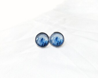 Stainless steel, mountain mist, blue 12 mm stud earrings white, forest, watercolor, rug, stem, nature landscape