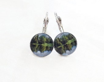 STAINLESS STEEL, Solitary lake, forest landscape, Magdalen Islands, 12 mm cabochon earrings, made in Quebec, nature trees, zen,