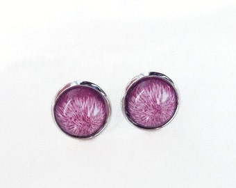 Abstract floral pattern, 12 mm Stud cabochon earrings, white plum, vintage retro, made in Quebec, on stem, stainless steel
