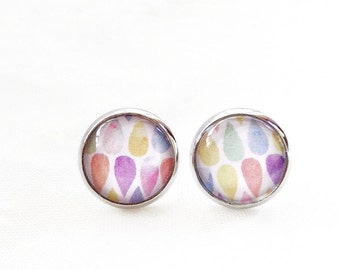 Multicolor pastel drops, stainless steel, earrings cabochon Stud 12 mm, made in Quebec, geometric motif, pink mauve yellow blue green