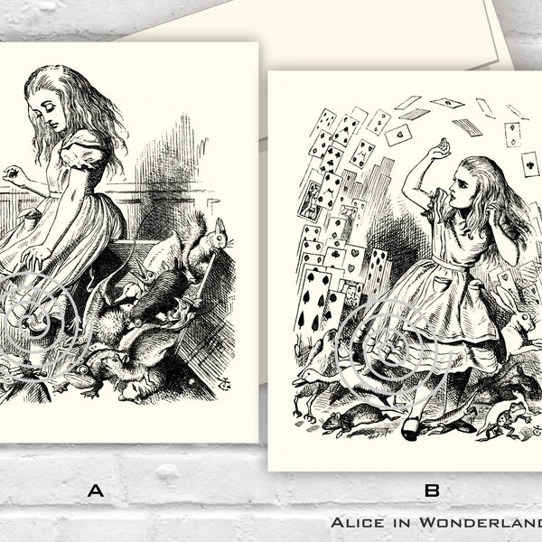 Alice In Wonderland Set of 10 Note Cards In White or Cream With Matching Envelopes Vintage Alice Flying Cards Graphics Printed Card