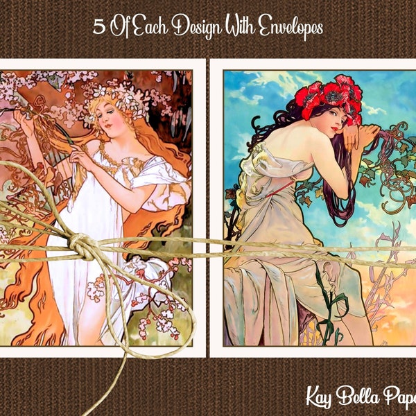 Set of 10 ALPHONSE MUCHA Blank Note Cards With Matching Envelopes,Art Nouveau Note Cards,Mucha Spring and Summer Blank Fine Art Cards