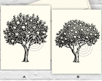 Fruit Tree Notecards Set Of Ten White or Cream With Envelopes Oak Pine Palm Fruit Tree Notecards Vintage Tree Graphics All Occasion Cards