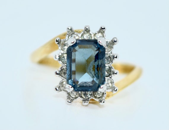 Blue sapphire emerald cut diamond cluster 8k yell… - image 3