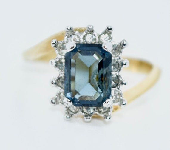 Blue sapphire emerald cut diamond cluster 8k yell… - image 2