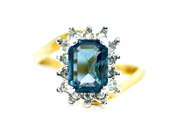 Blue sapphire emerald cut diamond cluster 8k yell… - image 1