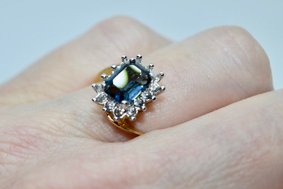 Blue sapphire emerald cut diamond cluster 8k yell… - image 7