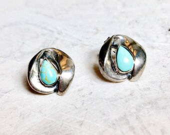 Southwestern Teardrop Turquoise 925 Sterling Silver vintage Boucles d’oreilles Stud