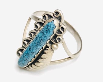 Southwestern Oblong Turquoise and Sterling Silver 925 Ring - Size 7