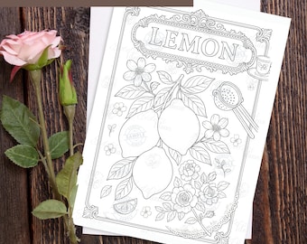 Vintage Lemon Coloring Page – Digital Download | Elegant Tea-Time Kitchen Art | Floral Fruit Printable for Adults & Teens
