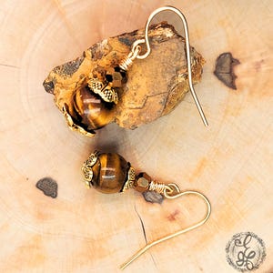Tiger&#39;s Eye Earrings Gold Plated – Handmade Dangle Earrings – Hypoallergenic Gemstone Jewelry Gift for Her