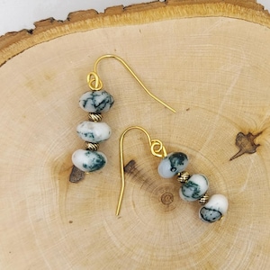 Green Moss Agate Earring Forest Green on White beaded Earrings Mossy Agate Gemstone Dangle Earring Gifts for Her
