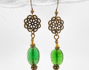 Green Beaded Antique Copper Flower Earrings Dangle Earring Gifts for Her