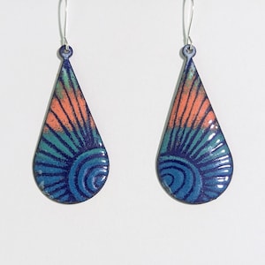 Colorful copper enameled tear drop earrings, shades of blue, turquoise and  coral enamel earring, hippie earrings, sgrafitto enamel