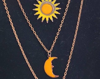 Boho Copper enameled sun, moon, star layered necklace, celestial necklace, enamel sun necklace, hippie jewelry, 3 layer necklace, celestial