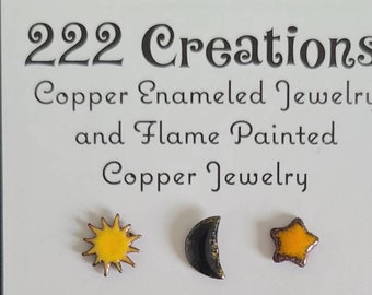 Copper enameled sun, moon, star post earrings, celestial earrings, tiny stud earrings, hippie, boho, mismatched earrings