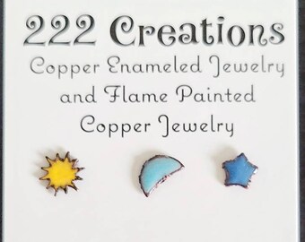 Copper enameled sun, moon, star post earrings, celestial earrings, tiny studs, hippie jewelry,  boho earrings, mismatched earrings