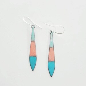 Turquoise and coral copper enameled drop earrings, southwest earrings, turquoise jewelry, enamel earrings, colorful jewelry, coral jewelry