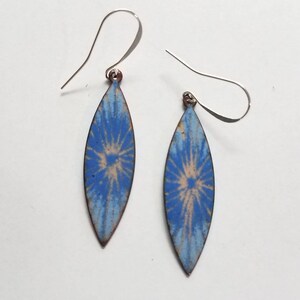 Copper Enameled drop Earrings, gold enamel, blue enamel, leaf earrings, blue earrings, sgraffito, boho earrings, hippie jewelry,blue jewelry