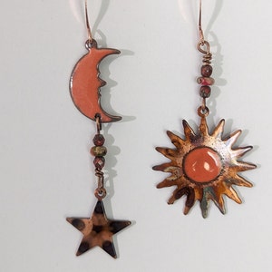 Copper enameled and flame painted copper mismatched moon, star and sun dangle earrings, celestial earrings, mismatched earrings image 1