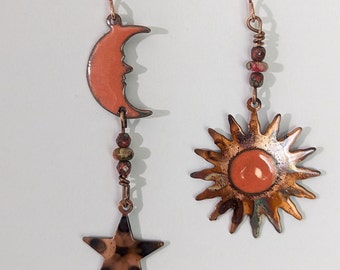 Copper enameled and flame painted copper mismatched moon, star and sun dangle earrings, celestial earrings, mismatched earrings